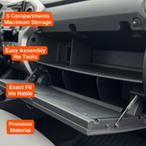 Vehicle OCD by BaseLayer glove box organizer for the Toyota Tacoma 2024 - 2026 installed features infographic