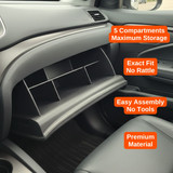 Vehicle OCD by BaseLayer glove box organizer for the Honda Pilot, Ridgeline and Passport installed features graphic