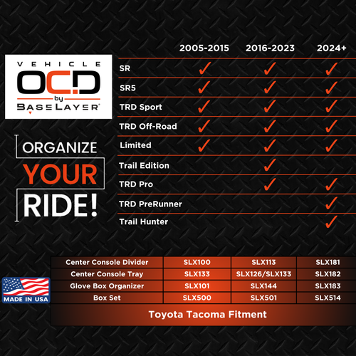 Vehicle OCD Organizers by BaseLayer Toyota Tacoma - Glove Box Organizer 2005-2015 Fitment