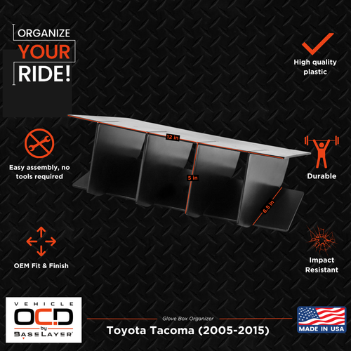 Vehicle OCD Organizers by BaseLayer Toyota Tacoma - Glove Box Organizer 2005-2015 Dimensions Infographic