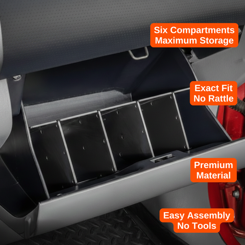 Vehicle OCD Organizers by BaseLayer Toyota Tacoma - Glove Box Organizer 2005-2015 design features infographic
