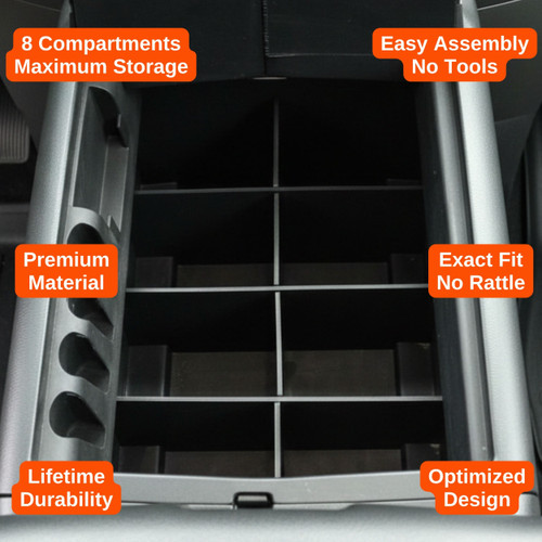 Vehicle OCD Organizers by BaseLayer Ford F-150 with Column-Shift - Center Console Organizer 2004-2014 design features infographic