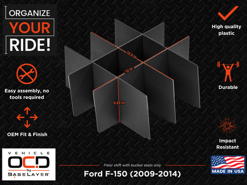 Vehicle OCD Organizers by BaseLayer Ford F-150 with Floor-Shift - Center Console Organizer Dimensions Infographic