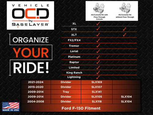 Vehicle OCD Organizers by BaseLayer Ford F-150 - Center Console Organizer 2015-2020 - Fitment