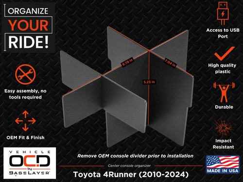 Dimensions Infographic Vehicle OCD Organizers by BaseLayer Toyota 4Runner - Center Console Organizer 2010-2024
