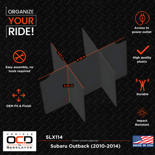 Vehicle OCD Organizers by BaseLayer Subaru Outback - Center Console Organizer 2010-2014 Dimensions Infographic