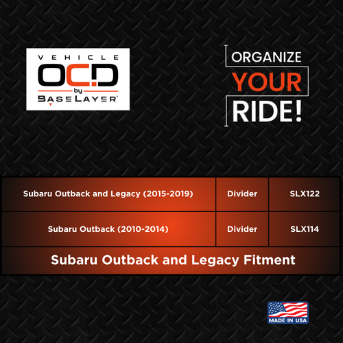 Vehicle OCD Organizers by BaseLayer Subaru Outback/Legacy - Center Console Organizer 2015-2019 Fitment Chart