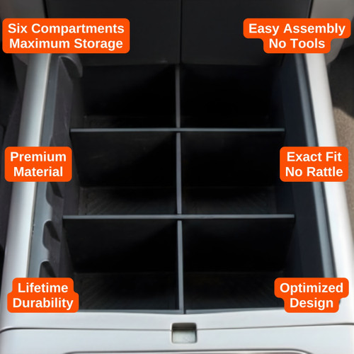 Installed Vehicle OCD Organizers by BaseLayer Ford F-150 with Floor-Shift - Center Console Organizer 2004-2008 design features Infographic