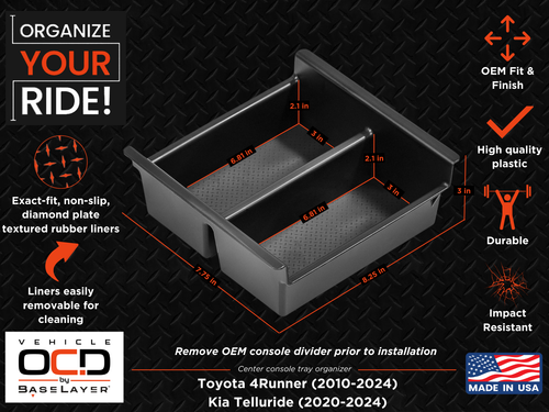 Dimensions infographic for the Vehicle OCD Organizers by BaseLayer Toyota 4Runner - Center Console Tray 2010-2024 / Kia Telluride 2020-2025 - Center Console Tray