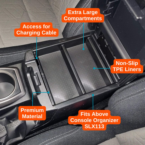 Installed Vehicle OCD Organizers by BaseLayer for Toyota Tacoma - Center Console Tray 2016-2023 design features infographic