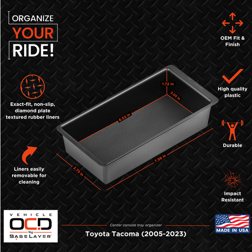 Vehicle OCD Organizers by BaseLayer Toyota Tacoma - Center Console Tray 2005-2023 Dimensions Infographic