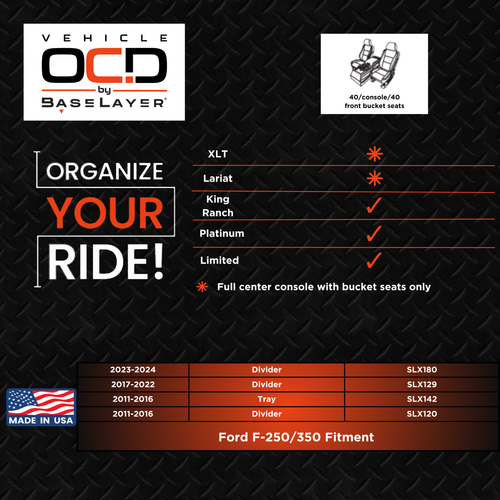 Vehicle OCD Organizers by BaseLayer Ford F-250 / F-350 Super Duty - Product Fitment Guide