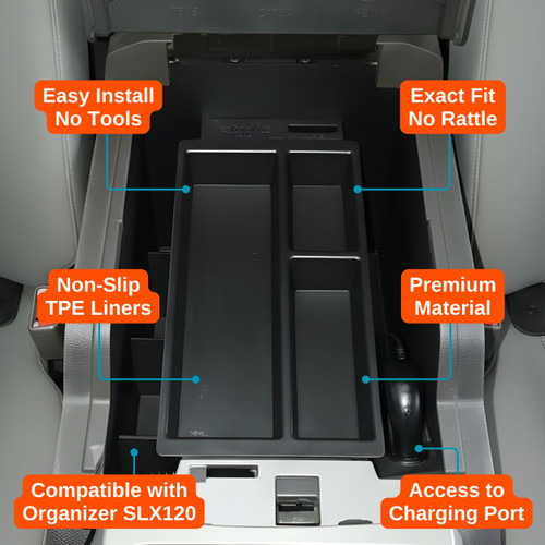 Installed Vehicle OCD Organizers by BaseLayer for Ford F-250 / F-350 - Center Console Tray 2011-2016 design features graphic