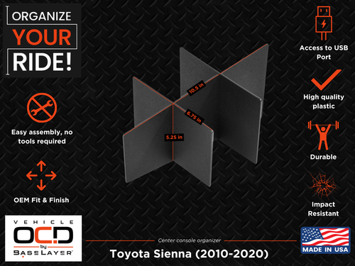 Vehicle OCD Organizers by BaseLayer Toyota Sienna - Center Console Organizer 2010-2020 Dimensions Infographic