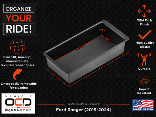 Vehicle OCD Organizers by BaseLayer Ford Ranger - Center Console Tray 2019-2023 Infographic