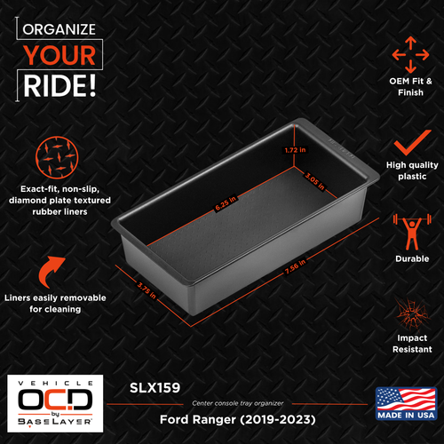 Vehicle OCD Organizers by BaseLayer Ford Ranger - Center Console Tray 2019-2023 Dimensions Infographic