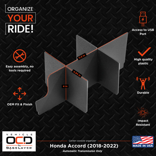 Vehicle OCD Organizers by BaseLayer for Honda Accord - Center Console Organizer 2018-2022 - Dimensions Infographic