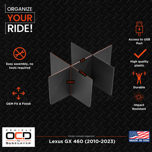Vehicle OCD Organizers by BaseLayer Lexus GX 460 - Center Console Organizer 2010-2023 Dimensions Infographic