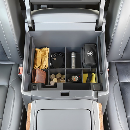 Vehicle OCD Organizers by BaseLayer Chevrolet Suburban and Tahoe / GMC Yukon and Yukon XL - Center Console Organizer overhead view with items