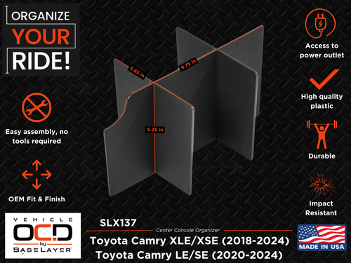 Vehicle OCD Organizers by BaseLayer Toyota Camry - Center Console Organizer Dimensions Infographic
