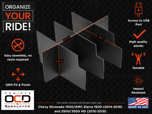 Vehicle OCD Organizers by BaseLayer Chevrolet Silverado 1500/2500/3500 HD and GMC Sierra 1500/2500/3500 HD - Center Console Organizer Dimensions Infographic