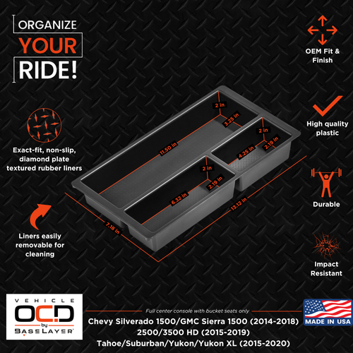 Vehicle OCD Organizers by BaseLayer Chevrolet Silverado 1500/2500/3500 HD/Suburban/Tahoe and GMC Sierra 1500/2500/3500 HD/Yukon/Yukon XL - Center Console Tray Dimensions Infographic