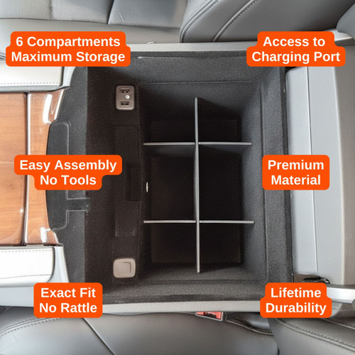 Installed Vehicle OCD Organizers by for BaseLayer Cadillac Escalade - Center Console Organizer 2015-2020 design features graphic