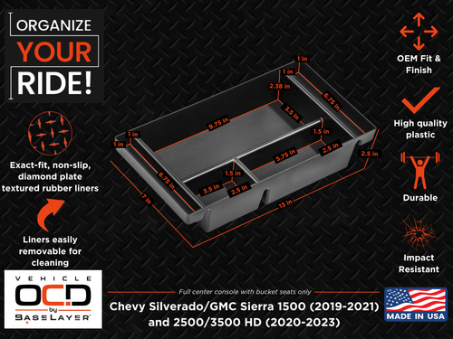 Vehicle OCD Organizers by BaseLayer Chevrolet Silverado 1500/2500/3500 HD and GMC Sierra 1500/2500/3500 HD - Center Console Tray Dimensions Infographic