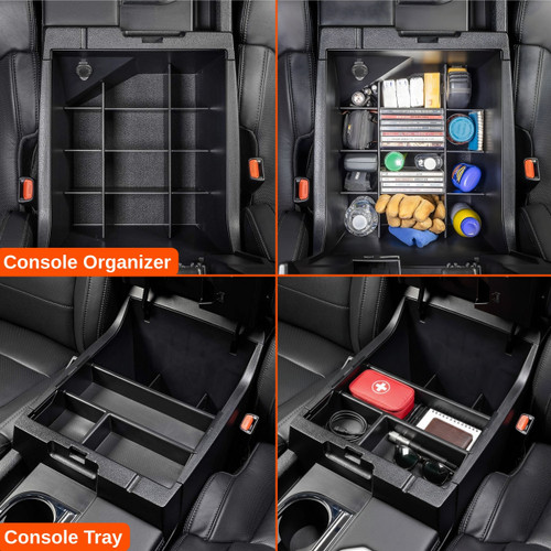 Vehicle OCD Organizers by BaseLayer Toyota Tundra Two Piece Center Console and Tray Organizer Set 2014-2021 installed overhead view
