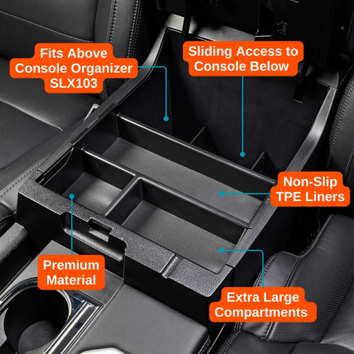 Installed Vehicle OCD Organizer by BaseLayer for Toyota Tundra - Center Console tray features graphic