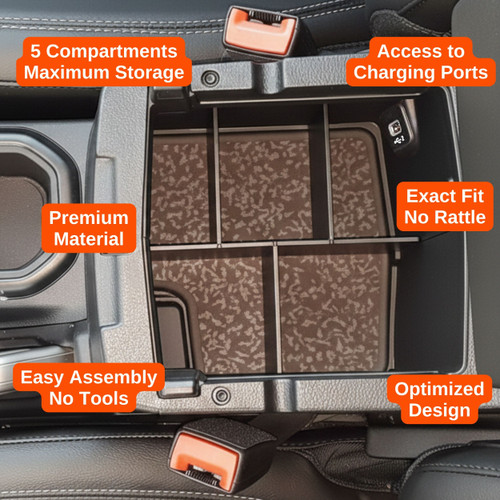 Installed Vehicle OCD Organizers by BaseLayer Jeep Wrangler JL/JLU and Gladiator JT Truck Center Console divider Organizer features infographic