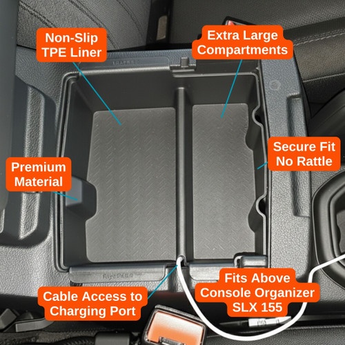Installed Vehicle OCD Organizers by BaseLayer Jeep Wrangler JL/JLU and Gladiator JT Truck Center Console Tray Organizer features infographic