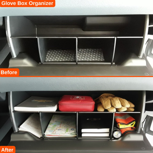 Vehicle OCD Organizers by BaseLayer for Chevrolet Colorado and GMC Canyon - Glove Box Organizer installed before and after organization