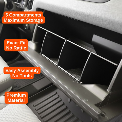 Installed Vehicle OCD Organizers by BaseLayer Chevrolet Colorado and GMC Canyon - Glove Box Organizer features infographic