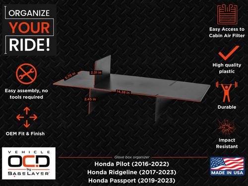Vehicle OCD Organizers by BaseLayer Honda Pilot / Ridgeline / Passport - Glove Box Organizer Dimensions Infographic