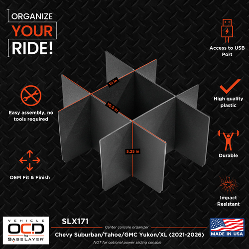 Vehicle OCD Organizers by BaseLayer Chevrolet Suburban, Tahoe and GMC Yukon, Yukon XL  2021-2026 Center Console Organizer Dimensions Infographic