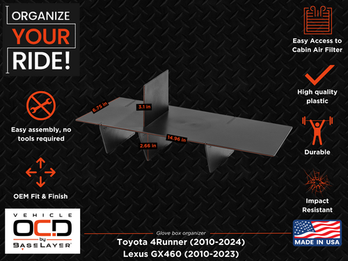 Dimensions Infographic for the Vehicle OCD Organizers by BaseLayer Toyota 4Runner and Lexus GX 460 - Glove Box Organizer