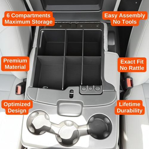 Installed Vehicle OCD Organizers by BaseLayer RAM 1500 Classic/1500/2500/3500 with 40/20/40 Seat - Center Console Organizer design features infographic