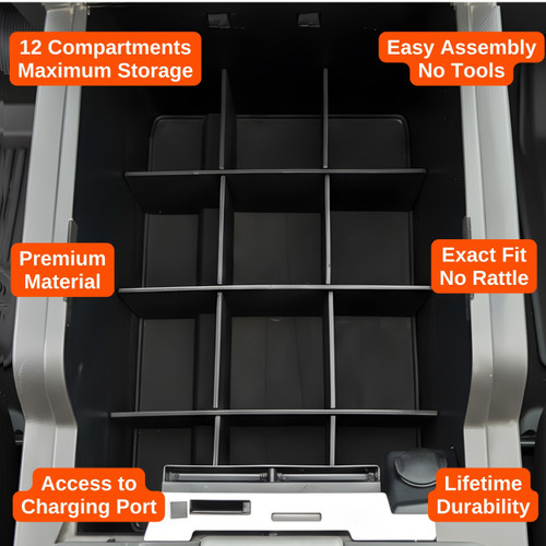 Installed Vehicle OCD Organizers by BaseLayer Ford F-250 / F-350 Super Duty - Center Console Organizer 2011-2016 design features infographic