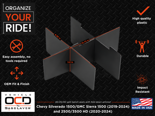Vehicle OCD Organizers by BaseLayer Chevrolet Silverado 1500/2500/3500 HD and GMC Sierra 1500/2500/3500 HD with 40/20/40 Seat - Center Console Organizer Dimensions Infographic