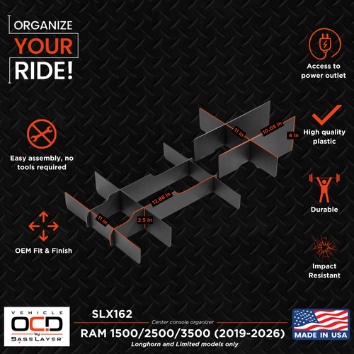 Vehicle OCD Organizers by BaseLayer RAM 1500/2500/3500 - Laramie Longhorn, Limited - Lower Center Console Organizer Dimensions Infographic