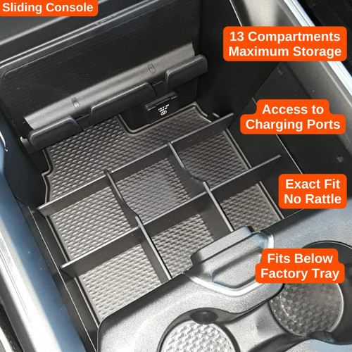 Installed Vehicle OCD Organizers by BaseLayer RAM 1500/2500/3500 - Laramie Longhorn, Limited - Lower Center Console Organizer sliding console design feature graphics
