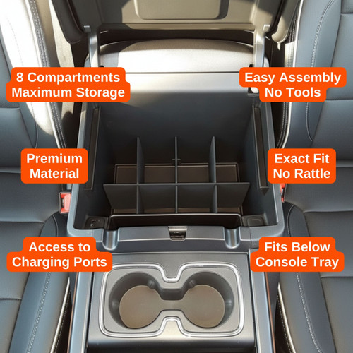 Installed Vehicle OCD Organizers by BaseLayer Chevrolet Silverado 1500/2500/3500 HD and GMC Sierra 1500/2500/3500 HD Center Console organization divider features graphic