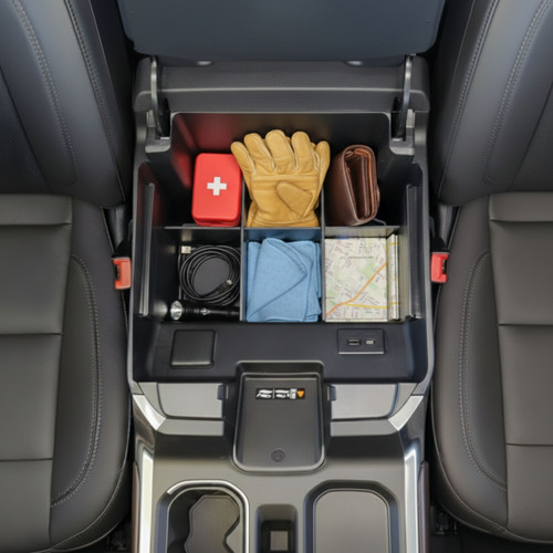 Installed Vehicle OCD by BaseLayer Center Console Organizer for the 2022-2026 Chevrolet Silverado 1500 / GMC Sierra 1500 overhead view