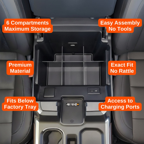 Installed Vehicle OCD by BaseLayer Center Console Organizer for the 2022-2026 Chevrolet Silverado 1500 / GMC Sierra 1500 design features graphic