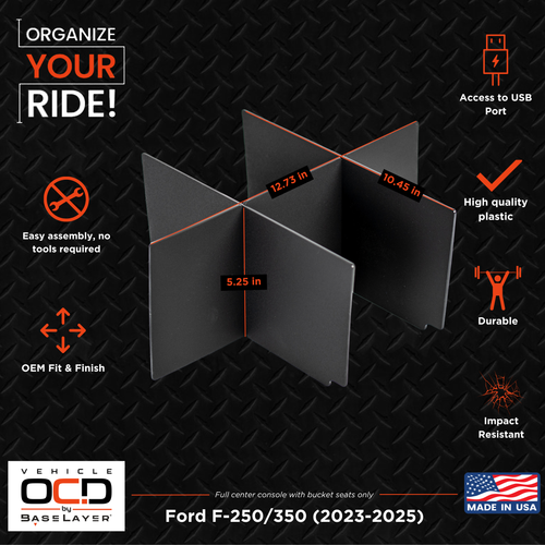 Vehicle OCD Organizers by BaseLayer Ford F-250/F-350/F-450 Super Duty 2023+ dimensions infographic