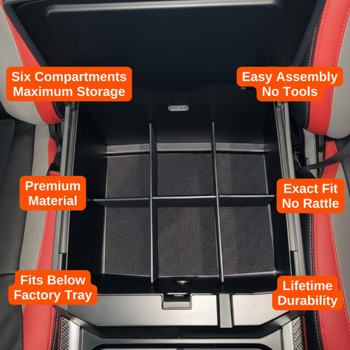 Installed Vehicle OCD by BaseLayer for F-250/F-350/F-450 2023+ Center Console Organizer design features graphic
