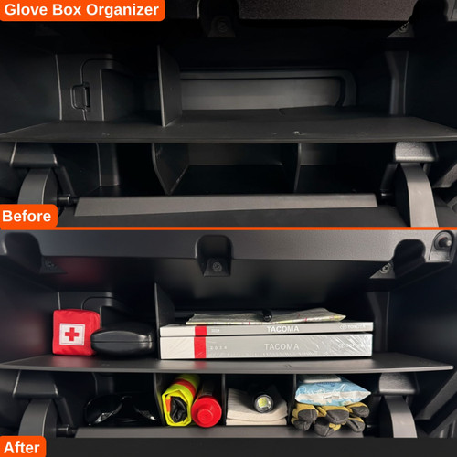 Vehicle OCD by BaseLayer glove box organizer for the Toyota Tacoma 2024 - 2026 installed