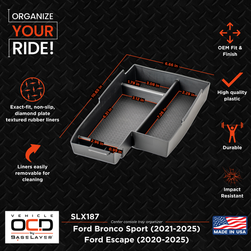 Ford Bronco Sport 2021-2026  and Ford Escape 2020-2026  Center Console Tray Dimensions Infographic