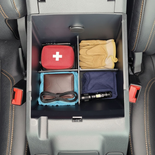Installed Vehicle OCD by BaseLayer for Ford Bronco 2021 - 2024 Center Console Organizer overhead view